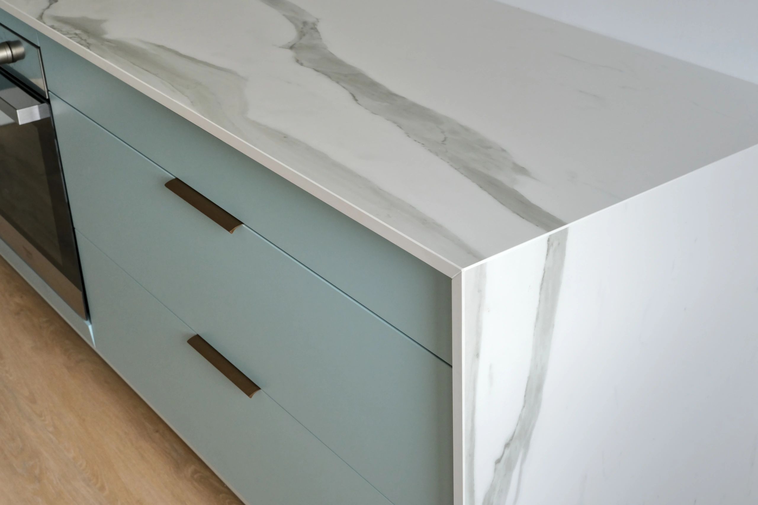Quartz or granite style countertop detail with veining