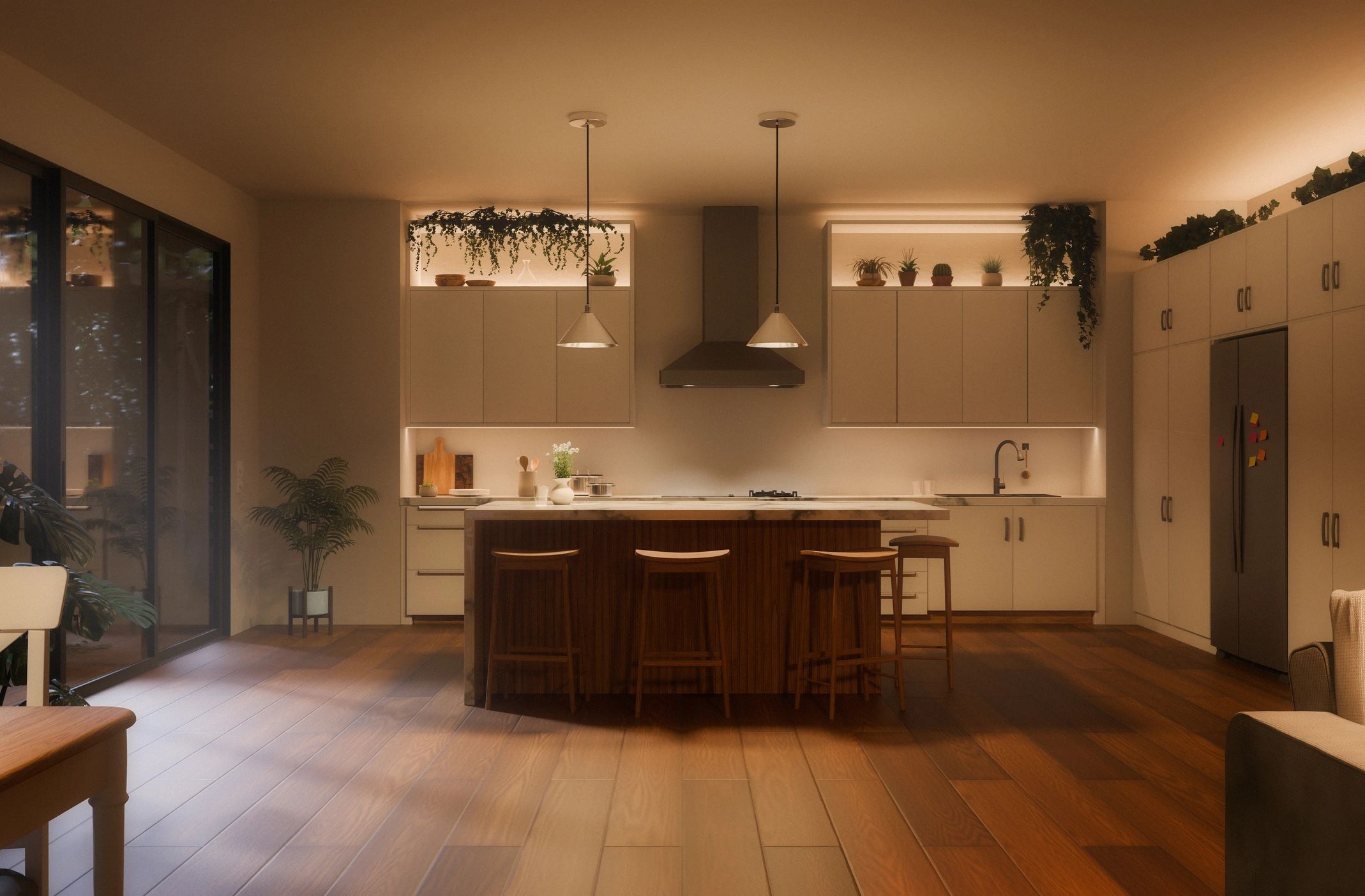 Kitchen interior with island cabinets and pendant lights