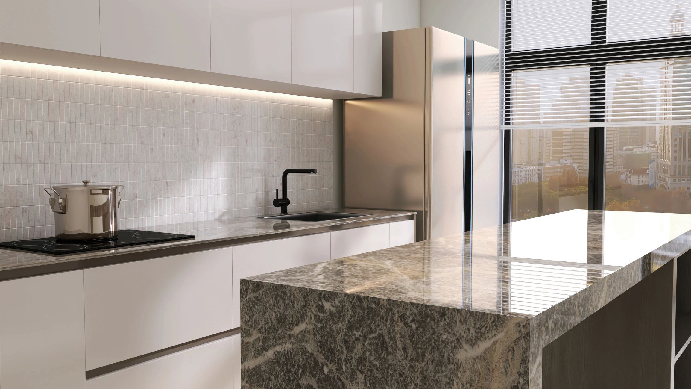 Kitchen with gray marble island and sunlit backsplash